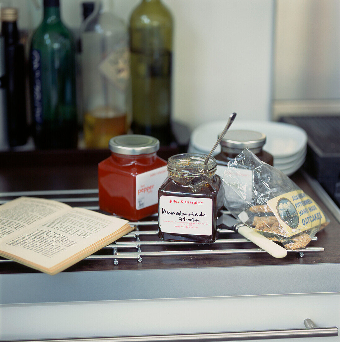 Kitchen worktop with preserves and jams and condiments