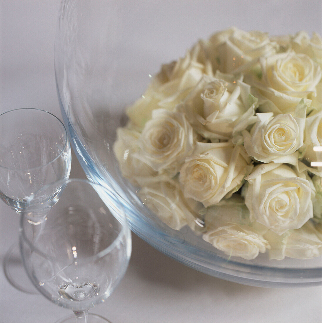 Blumenauslage auf einer weißen Tischplatte
