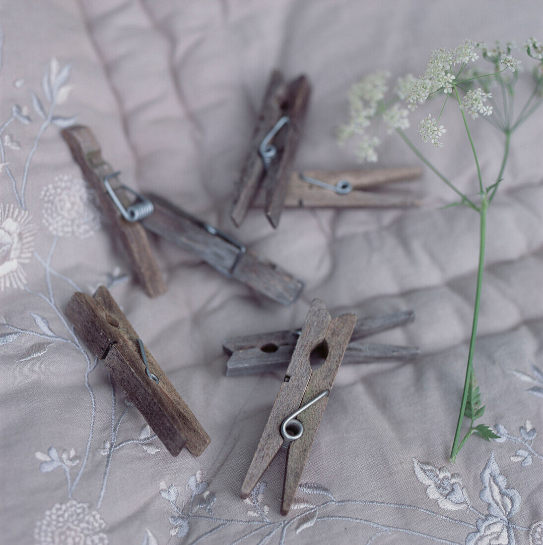 Detail of wooden clothes pegs on an embroidered fabric