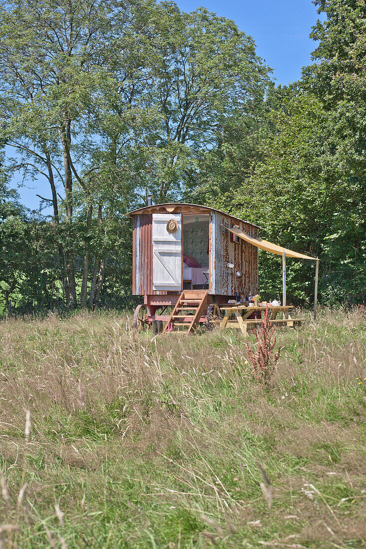Eine Schäferhütte auf einer Sommerwiese mit einem Zeltdach für eine provisorische Essküche und einer offenen Tür mit Stufen zum Innenraum