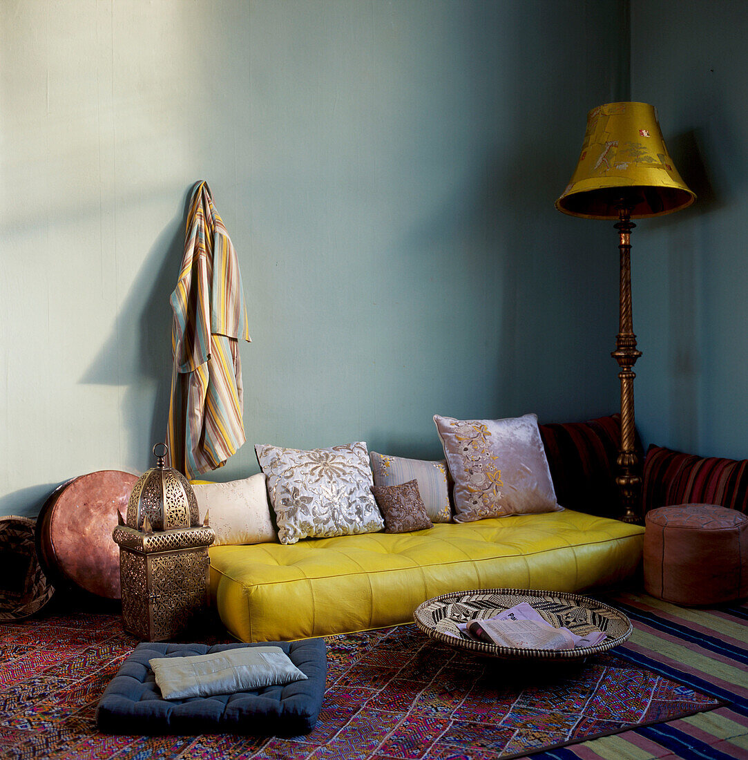 Moroccan style living room with floor cushions