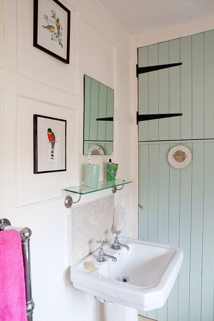 Hellgrüne Einbauschränke mit Sockelwaschbecken, Badezimmerdetail in einem Haus in Großbritannien