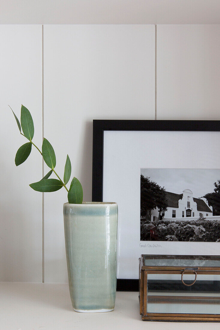 Leaves in ceramic vase with black and white print in London home UK