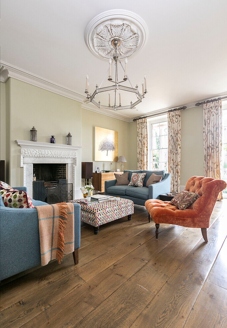 Upholstered furniture and vintage light fitting in Georgian Grade II listed Surrey home UK