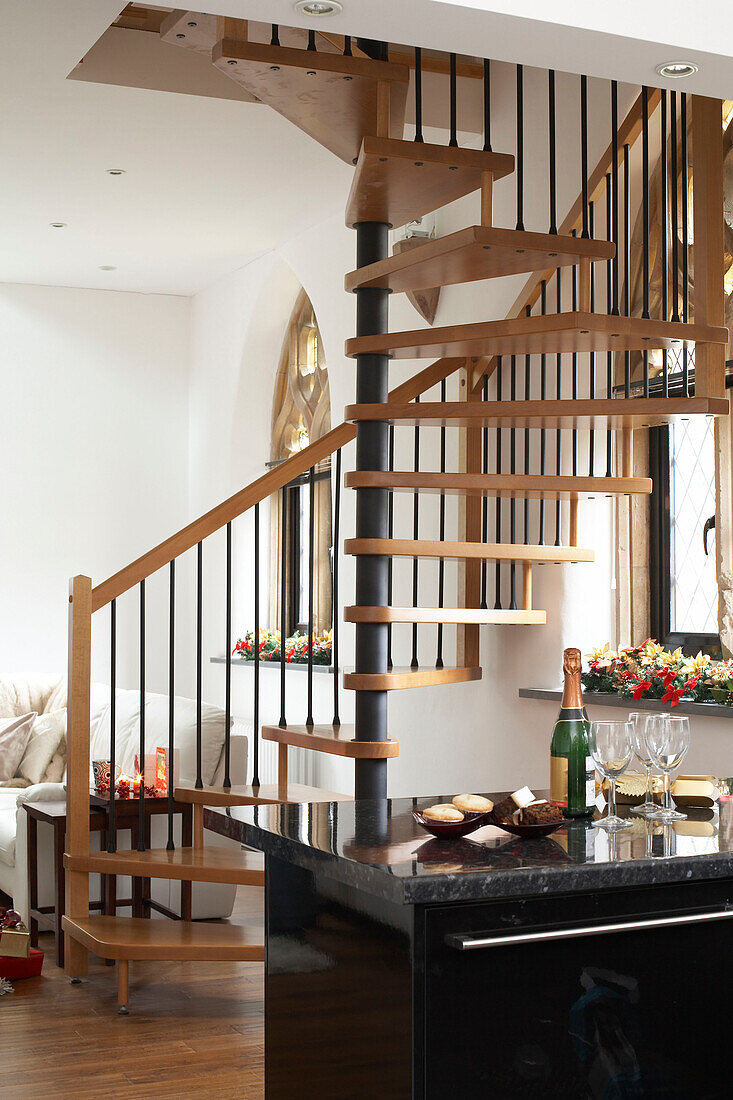 Open plan kitchen and staircase