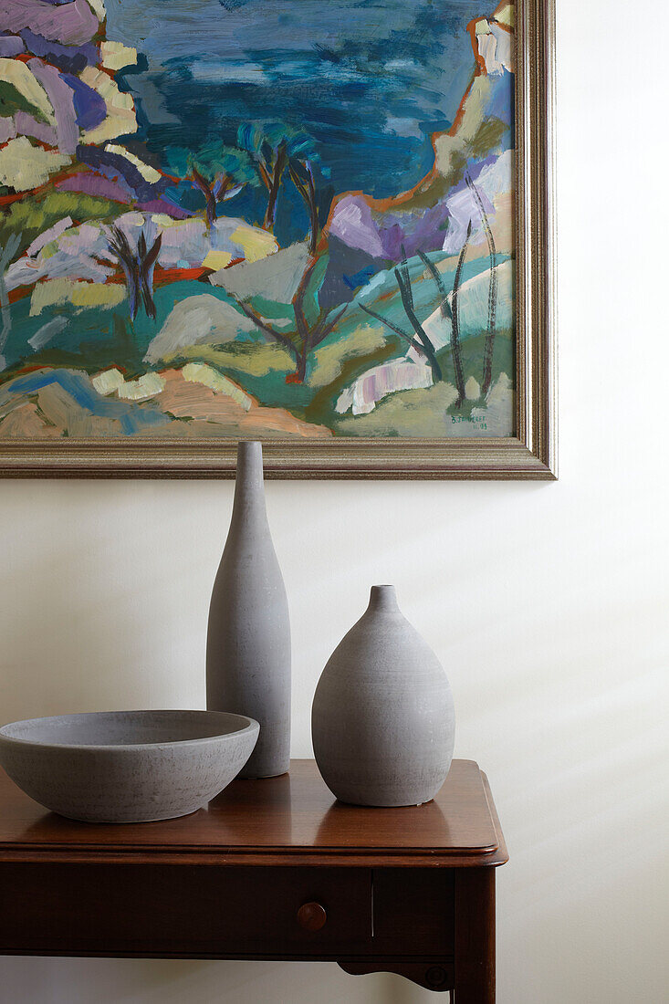 Grey pottery and artwork room detail of Sydney home Australia