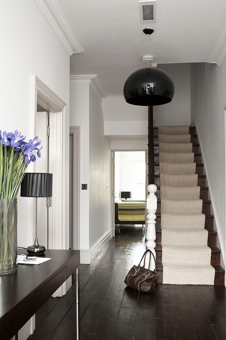 Hallway with dark wood floorboards and carpeted stairs