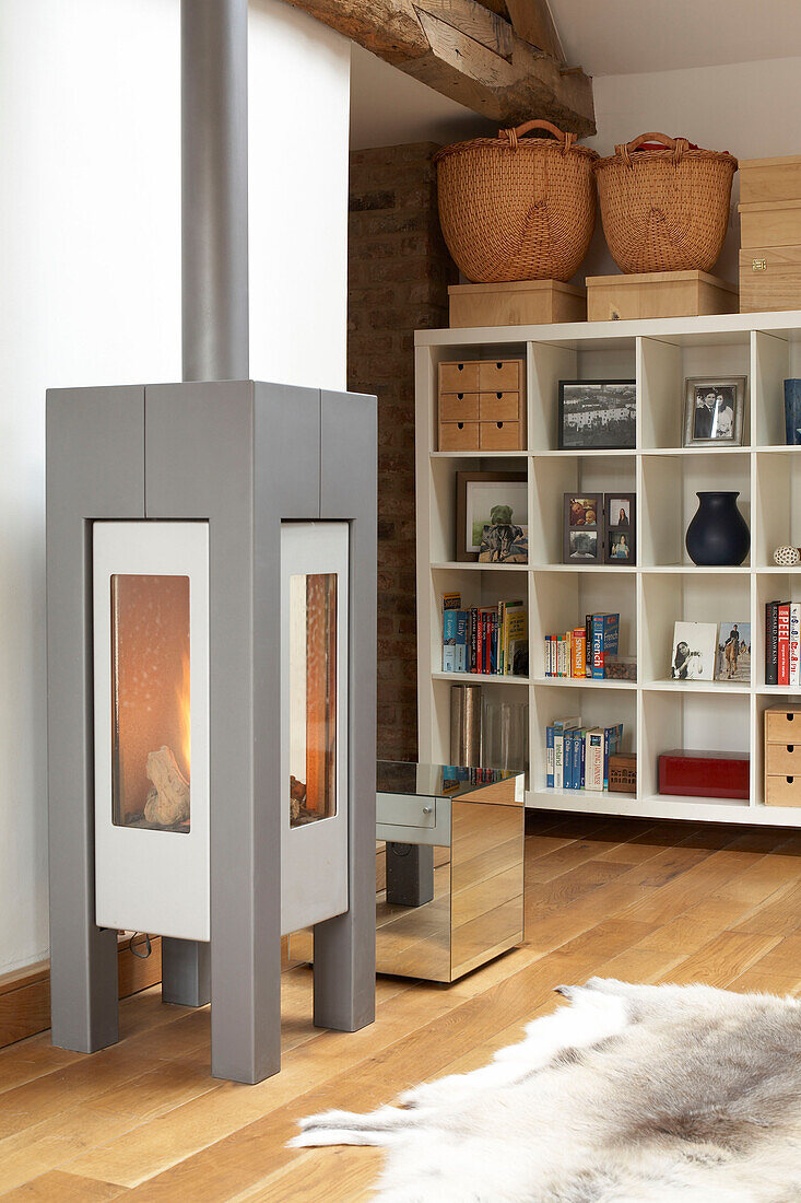 Storage unit and contemporary wood burning stove
