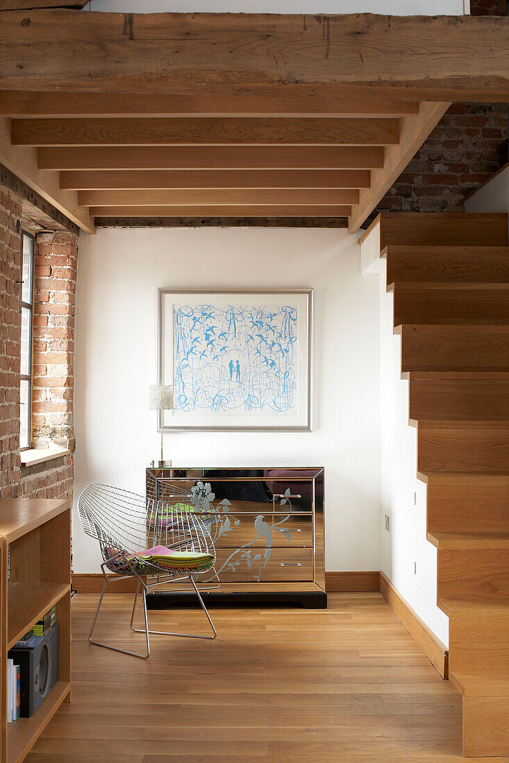 Beamed ceiling and staircase in contemporary Welsh conversion