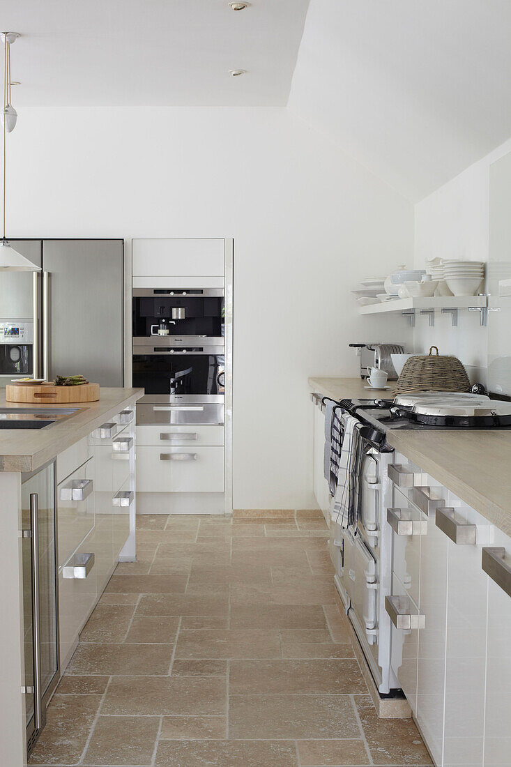 Tiled galley kitchen in Isle of Wight home, UK