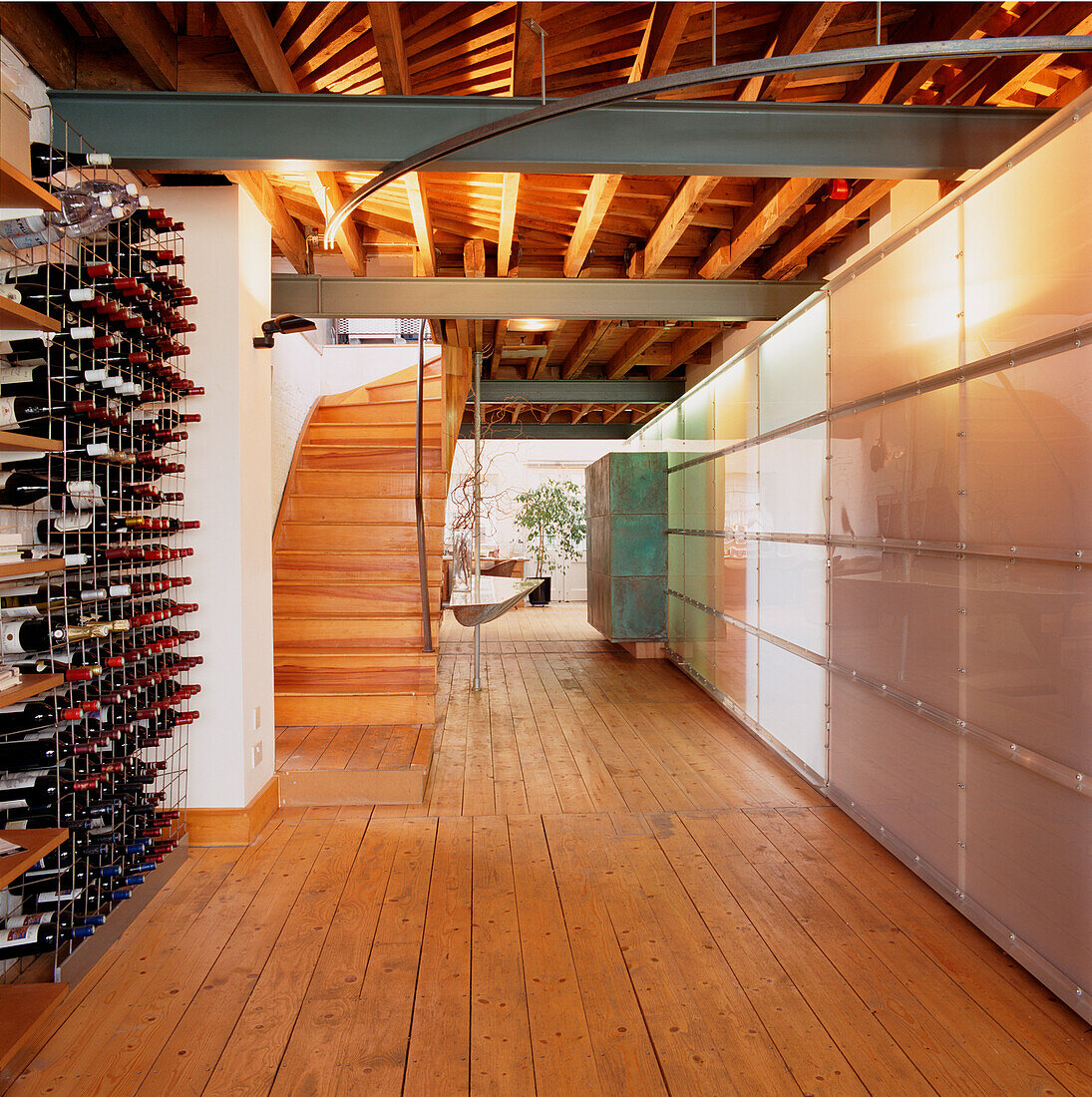 Wine rack in penthouse loft corridor