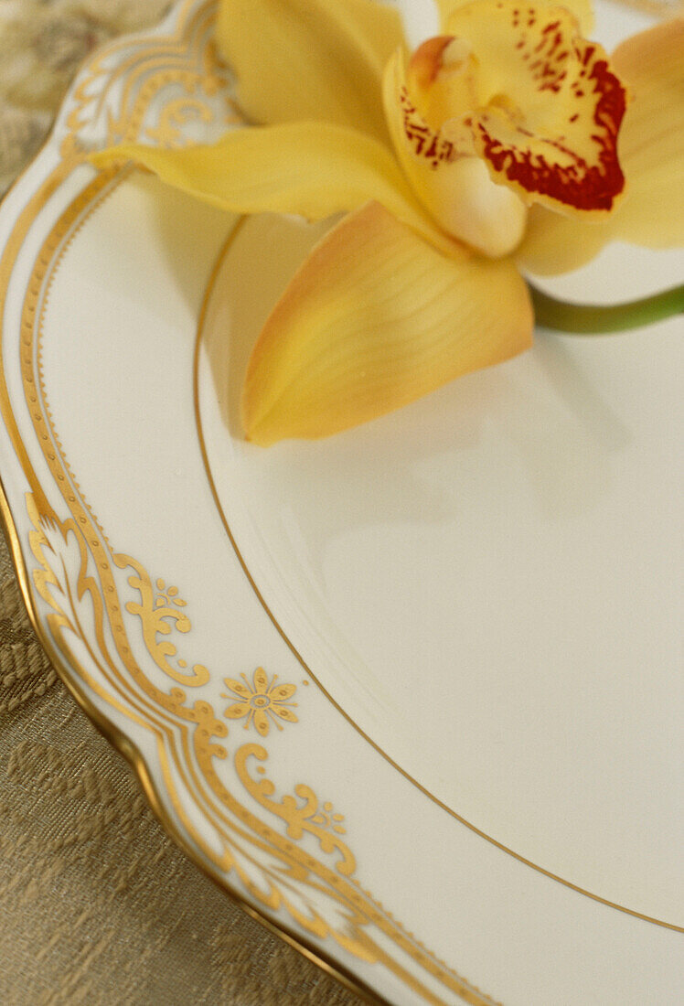Detail von Goldglanz auf einem Essteller mit einer gelben Orchidee