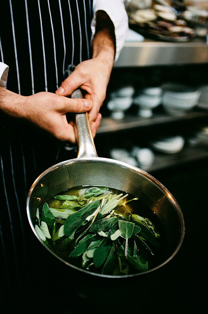 Koch hält einen Topf mit welkenden frischen grünen Blättern in einem Topf mit Wasser für Brühe