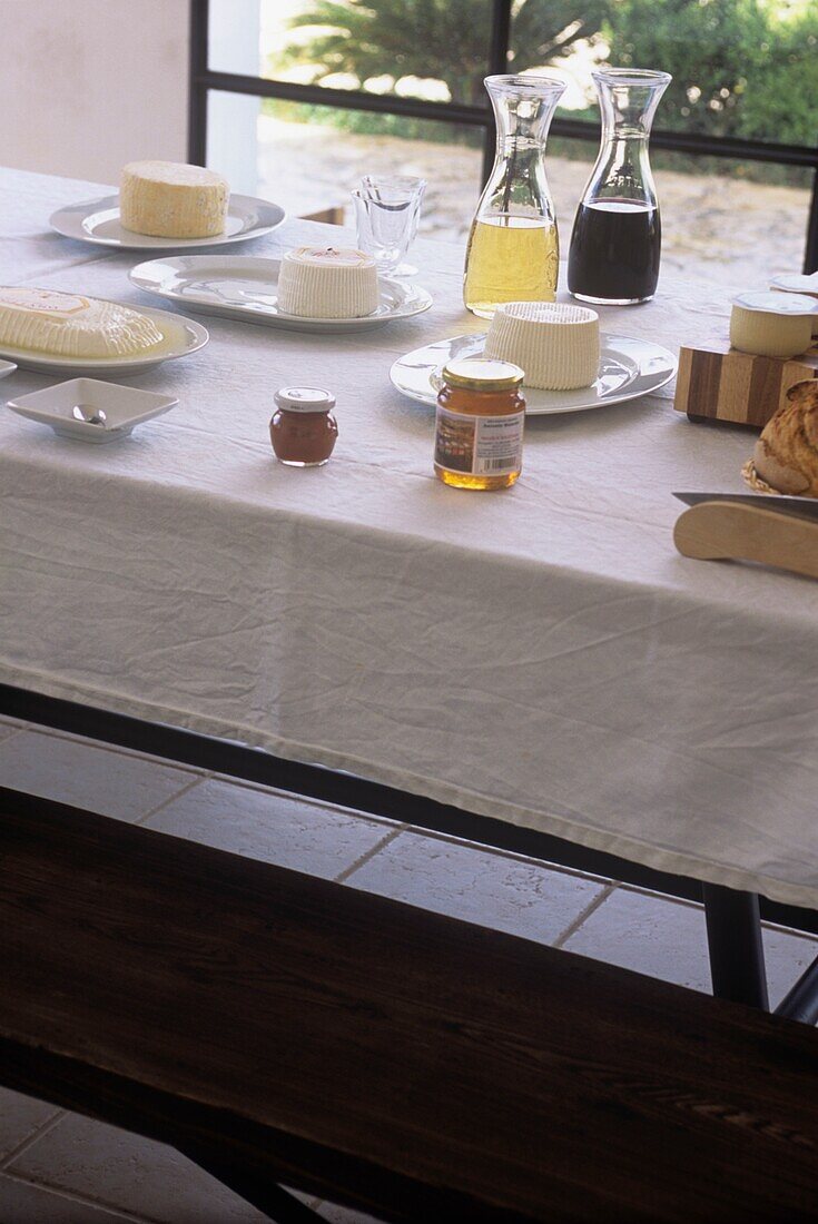 Table with items ready for breakfast preparation