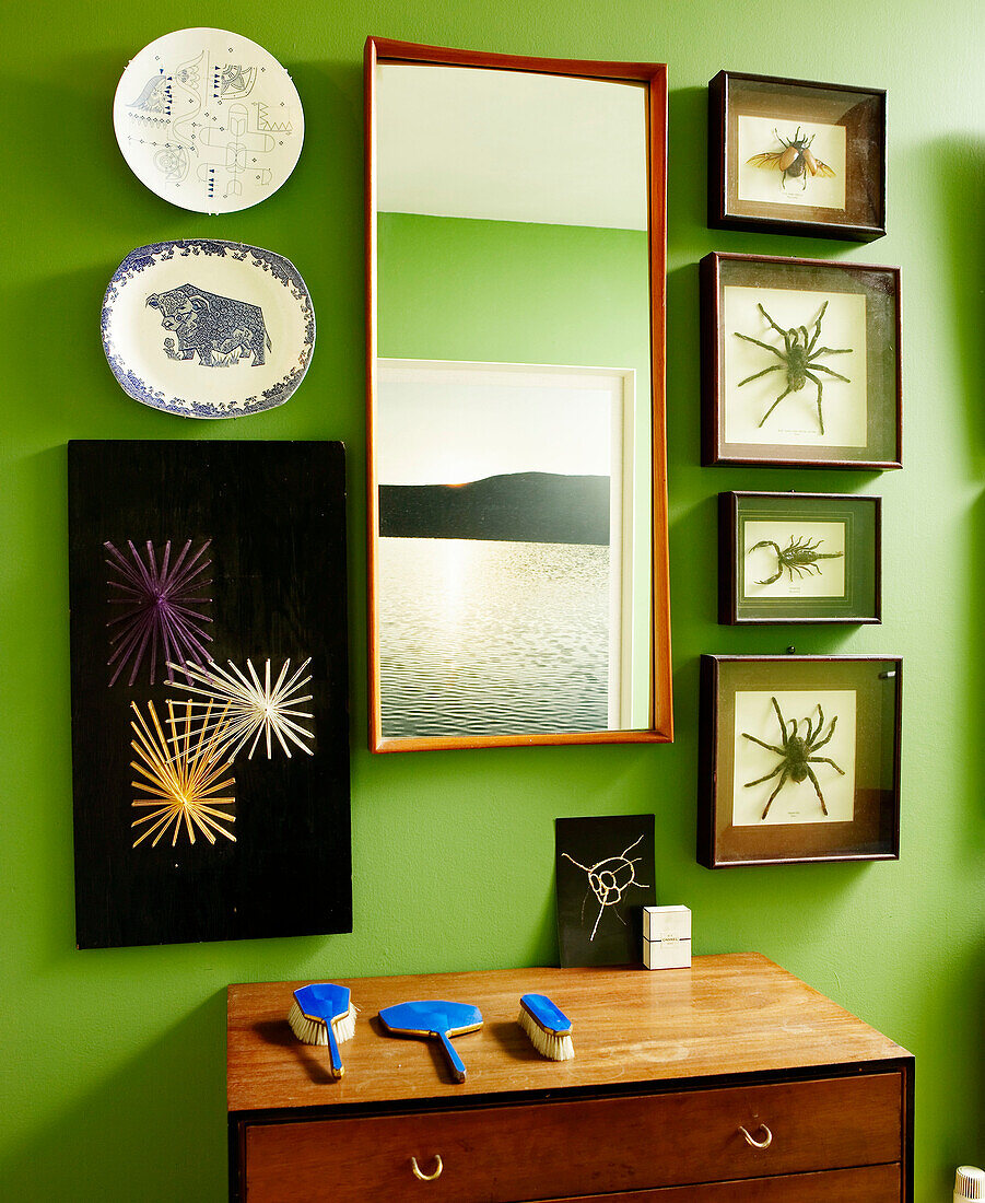Mirror and collection of preserved spiders and craft products
