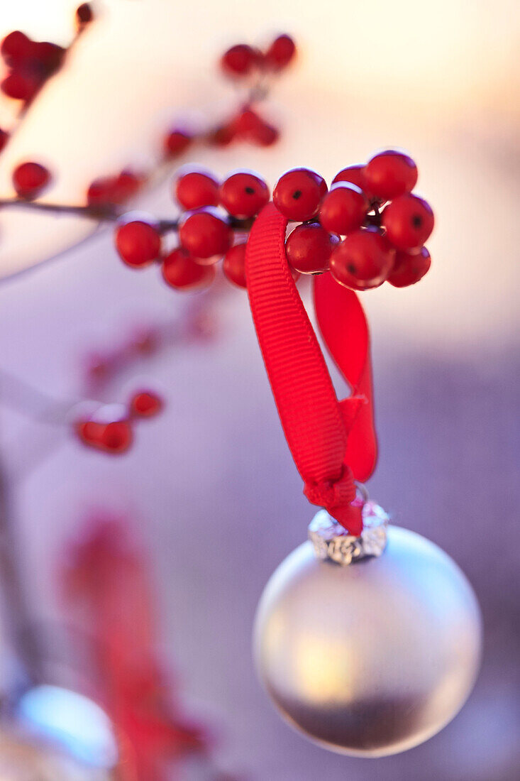 Silver bauble hanging from a branch with red berries