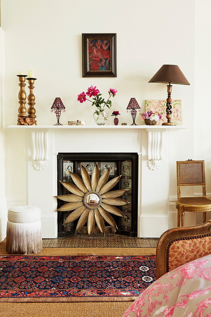 Vintage fire guard in living room of London townhouse, England, UK