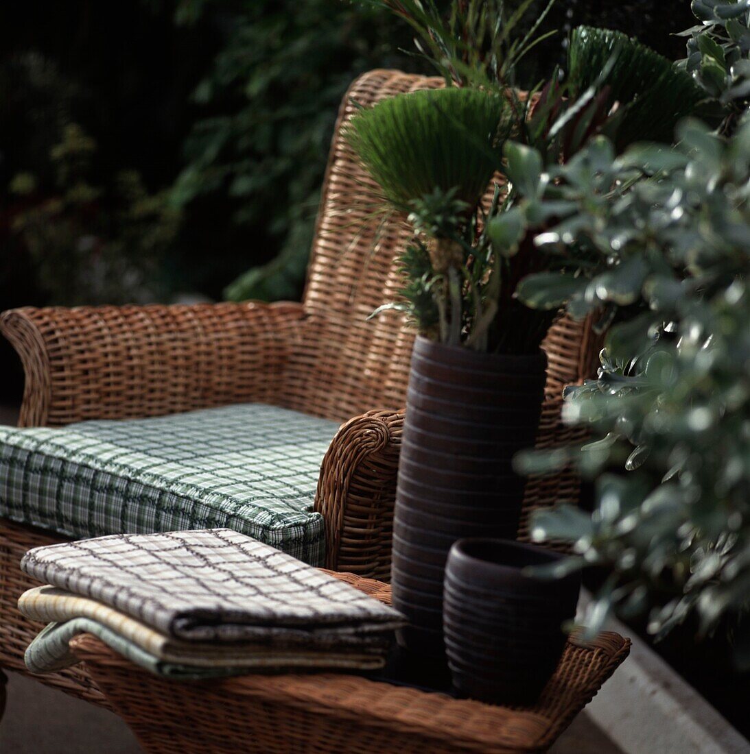 Wicker chairs with plants and doilies