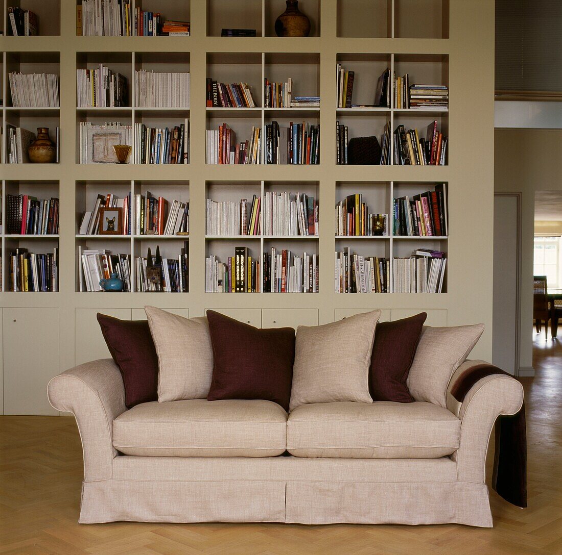 Cream sofa with contrasting cushions in study with a wall of books