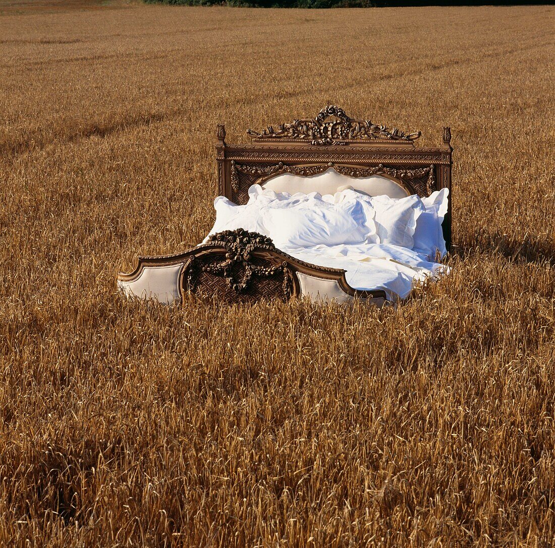 Ornate wooden double bed in a field of wheat