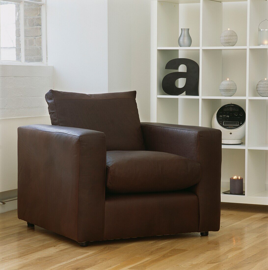 Brown leather armchair with white shelving unit in on laminate flooring