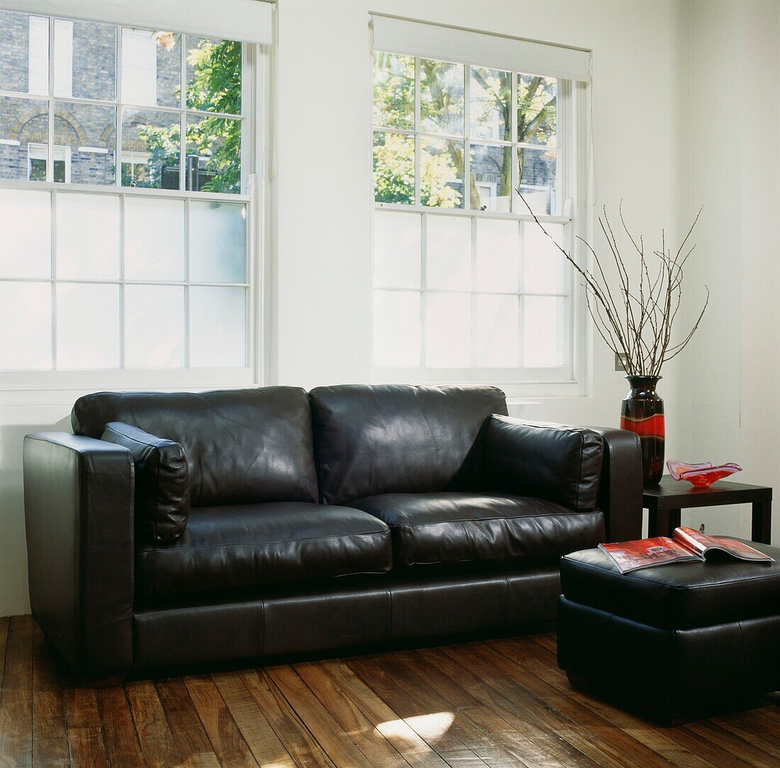 Black leather sofa and footstool with twig arrangement in front of frosted glass windows