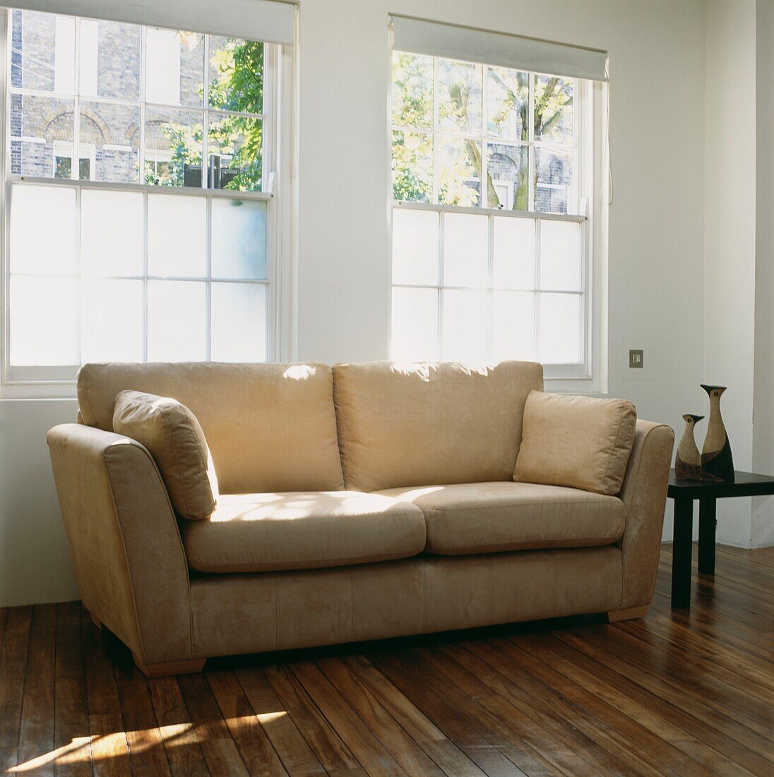 Cream leather sofa in front of frosted sash windows