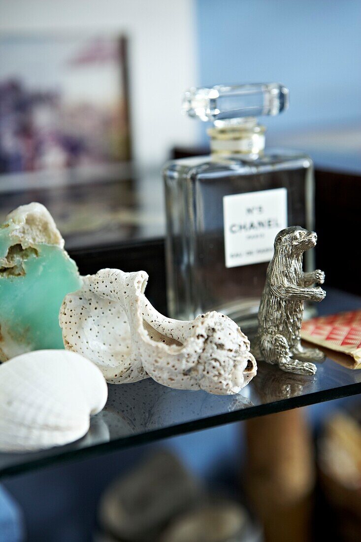 Perfume bottle and seashells with silver ornament