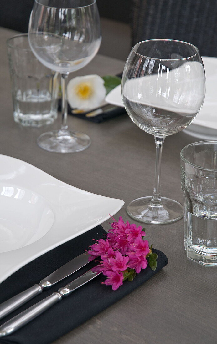 PLace setting on dining table in contemporary Haywards Heath home,  West Sussex,  England,  UK
