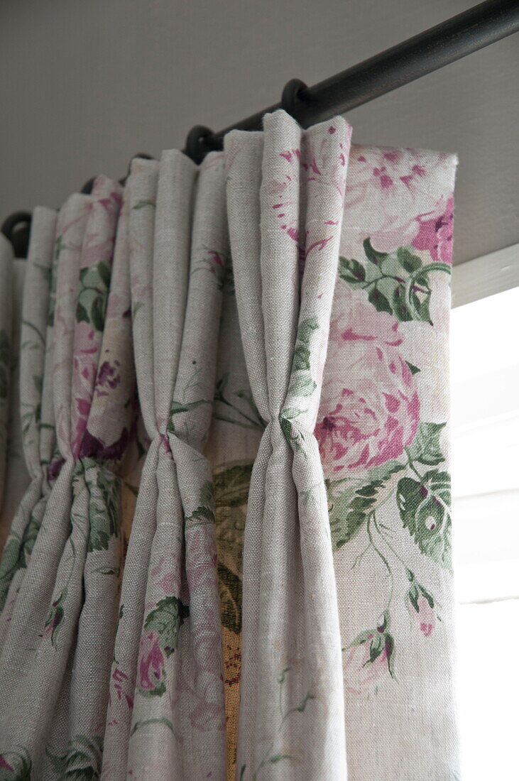 Gathered floral curtain detail in Kingston home,  East Sussex,  England,  UK