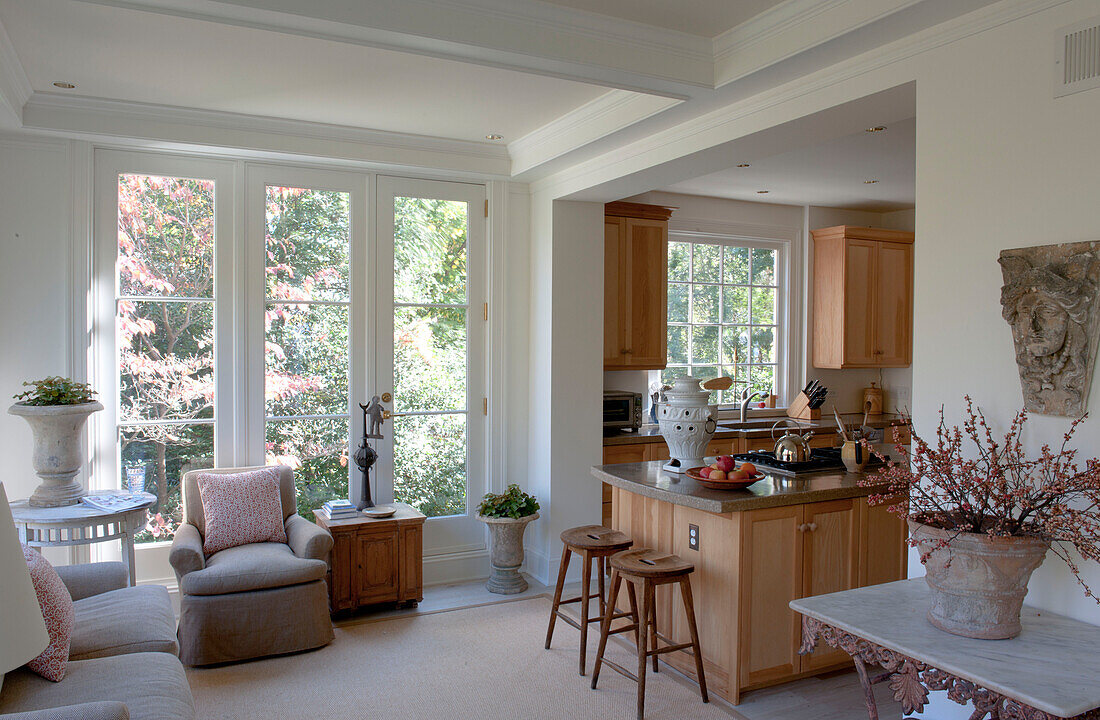 Offener Küchen- und Wohnbereich mit Türen zum Garten in einem modernen Haus in Washington DC, USA