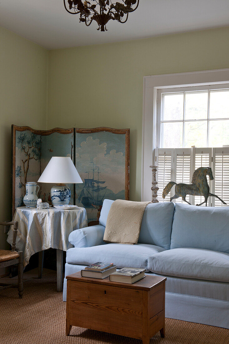 Modellpferd am Fenster eines Zimmers mit Fliegengitter und hellblauem Sofa in einem Haus in Washington DC, USA