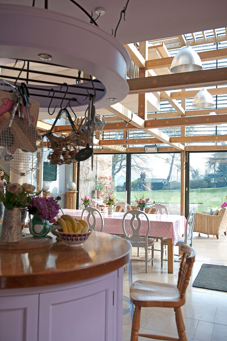 Open plan kitchen dining and sun room in Tiverton country home,  Devon,  England,  UK