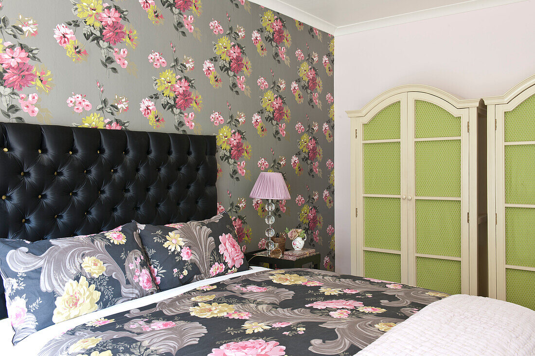 Contrasting patterns in bedroom of Tiverton country home,  Devon,  England,  UK