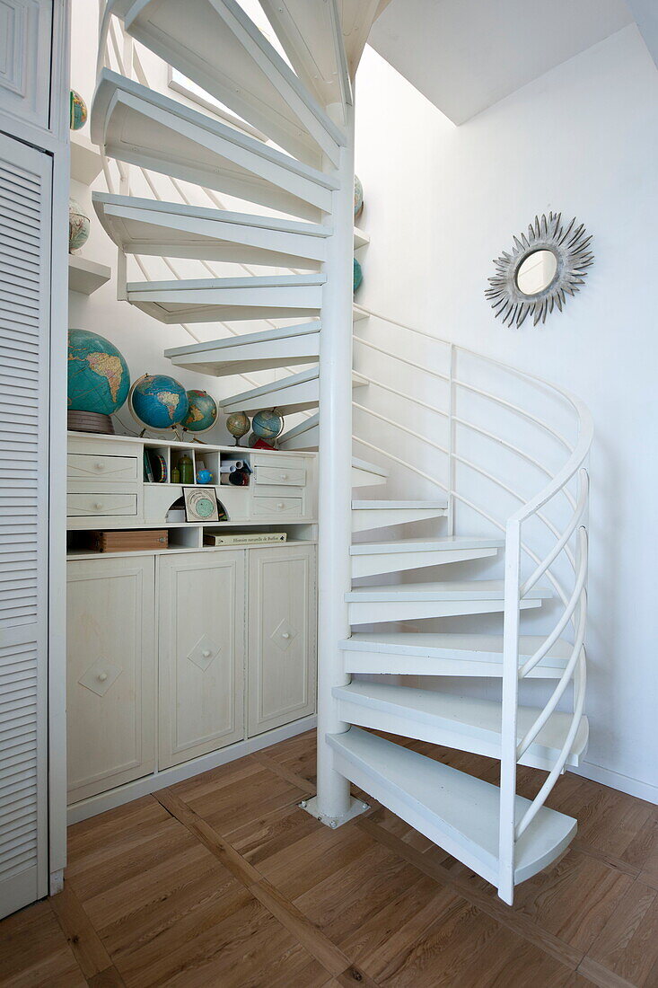 White spiral staircase in Bordeaux apartment building,  Aquitaine,  France