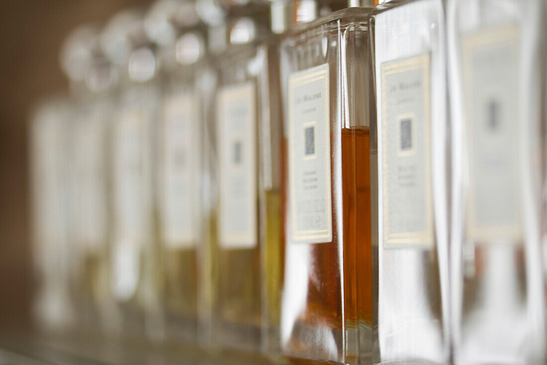 Perfume bottles lined up in Brighton home, East Sussex, England, UK