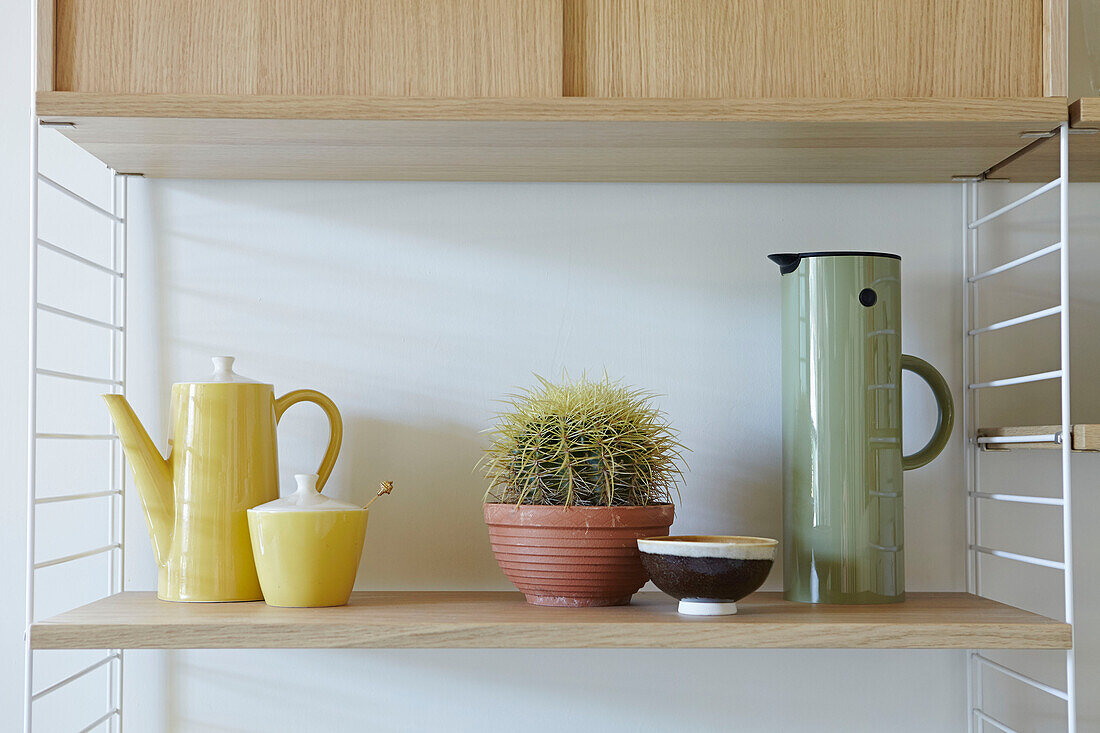 Gelbe Kaffeekanne mit Kaktus und Schale auf Regal in Londoner Küche, England, UK