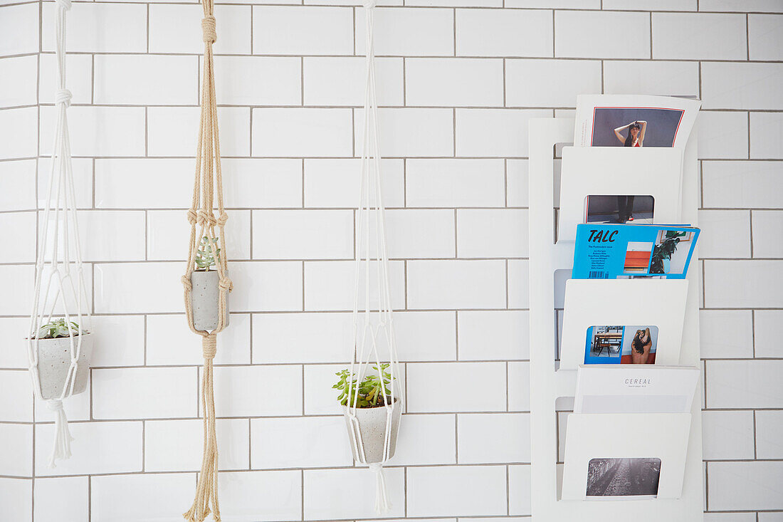 Seilpflanzenaufhänger und Zeitschriftenständer im weiß gefliesten Badezimmer einer Londoner Wohnung UK