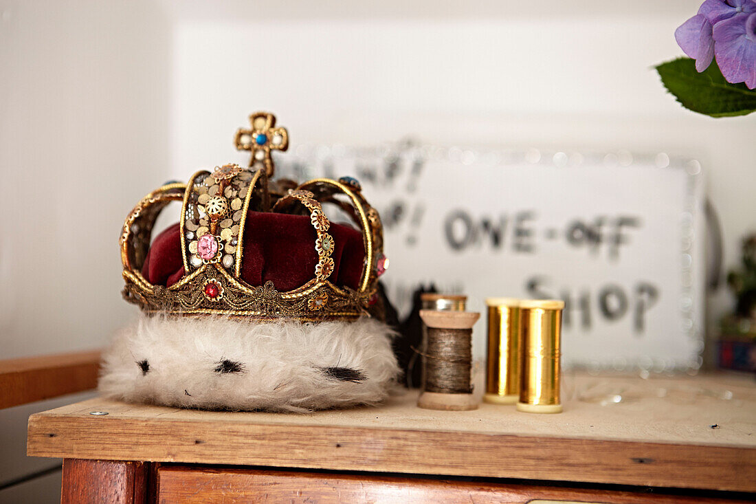 Costume crown and gold thread in work studio of Faversham home,  Kent,  UK