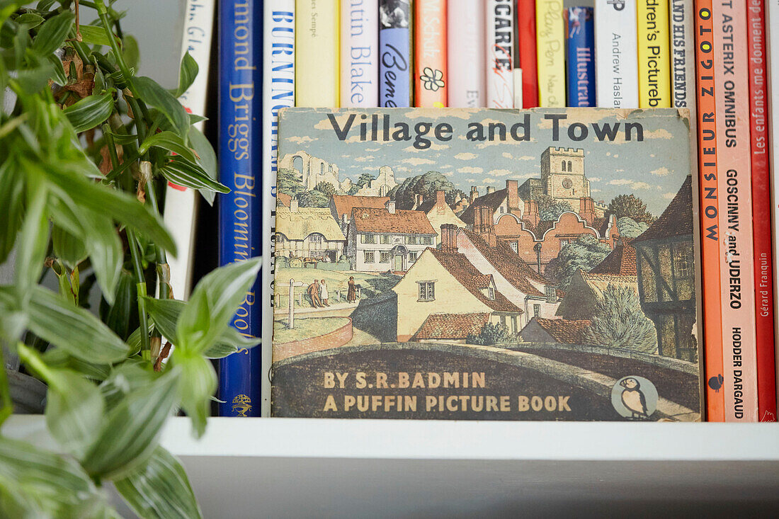 "Vintage-Buch Village and Town"" mit Zimmerpflanze auf Regal in Berwick Upon Tweed home Northumberland UK"""