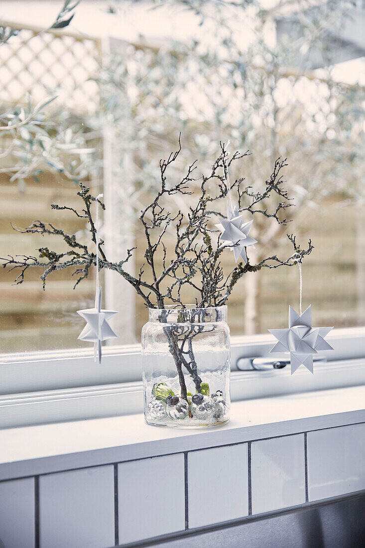 Star shaped decorations on twig arrangment in Rochester home  Kent  UK