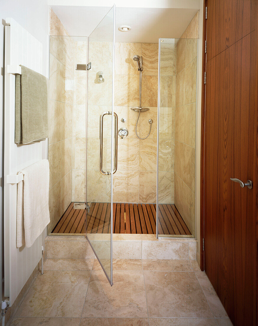 Modern built in shower cubical with glass doors