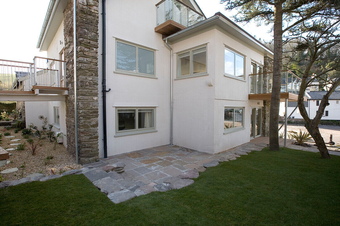 Exterior of contemporary waterfront house located in Noss Mayo one of the most unspoilt havens in South Devon