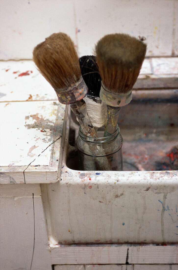 Paintbrushes drying in Belfast sink