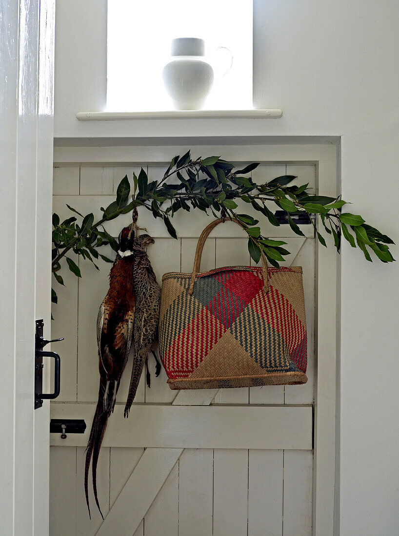Brace of pheasant hanging on the backdoor with bay branch and shopping basket