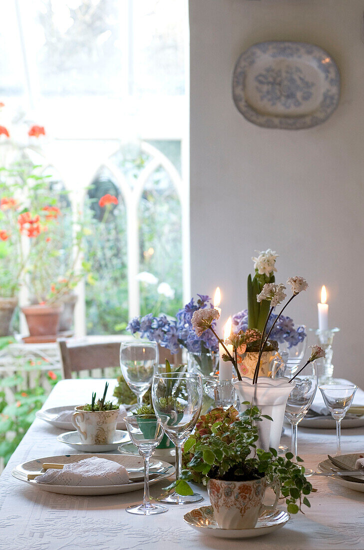Hübsch gedeckter Tisch mit Kerzen, Hyazinthen und Zwiebeln als Tischdekoration