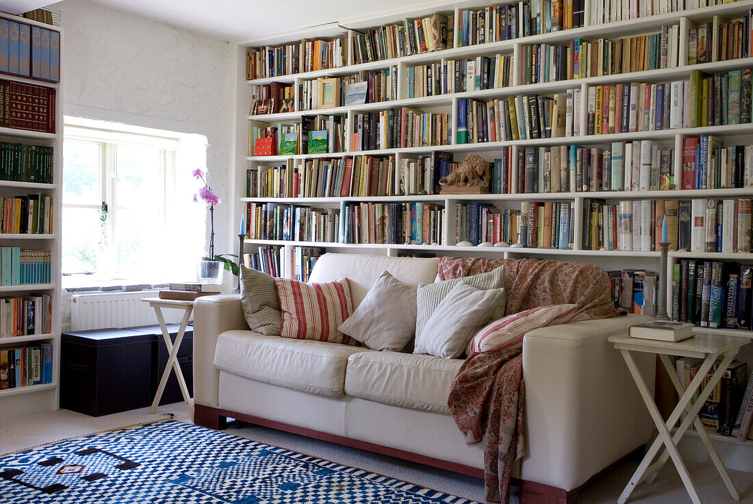 Sofa mit Kissen und einer Wand aus Büchern