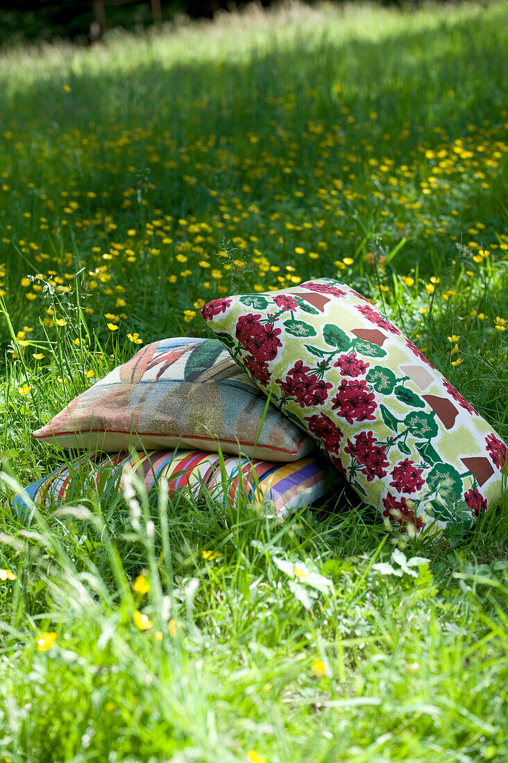 Three cushions on grass