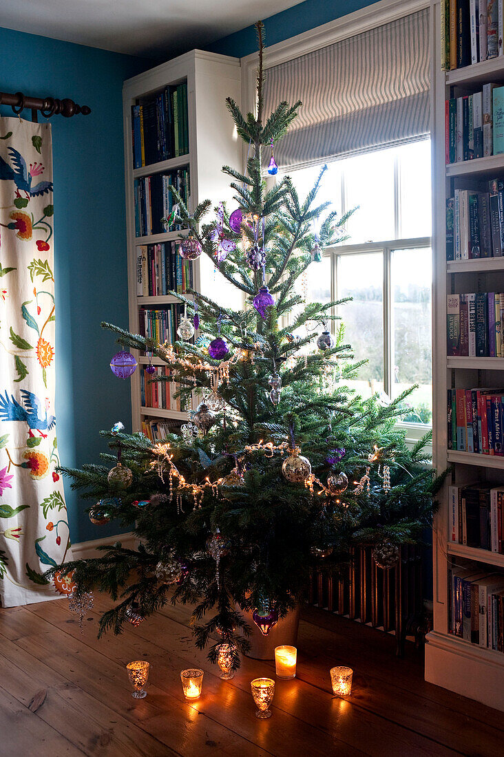 Weihnachtsbaum am Fenster mit Bücherregalen und brennenden Kerzen