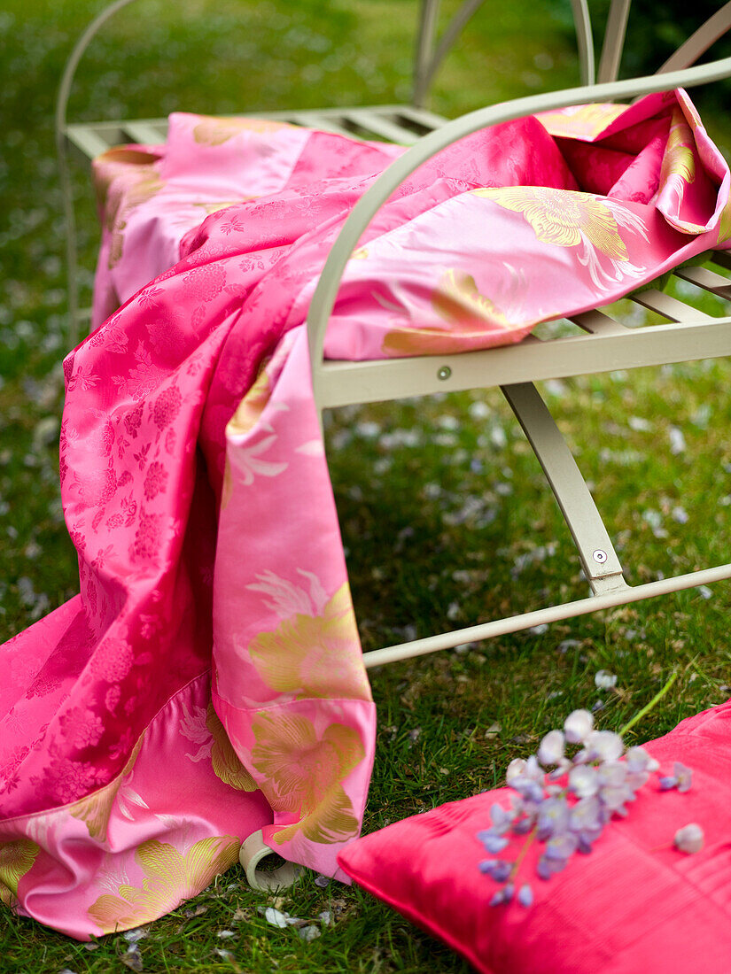 garden chair with floral silk fabric
